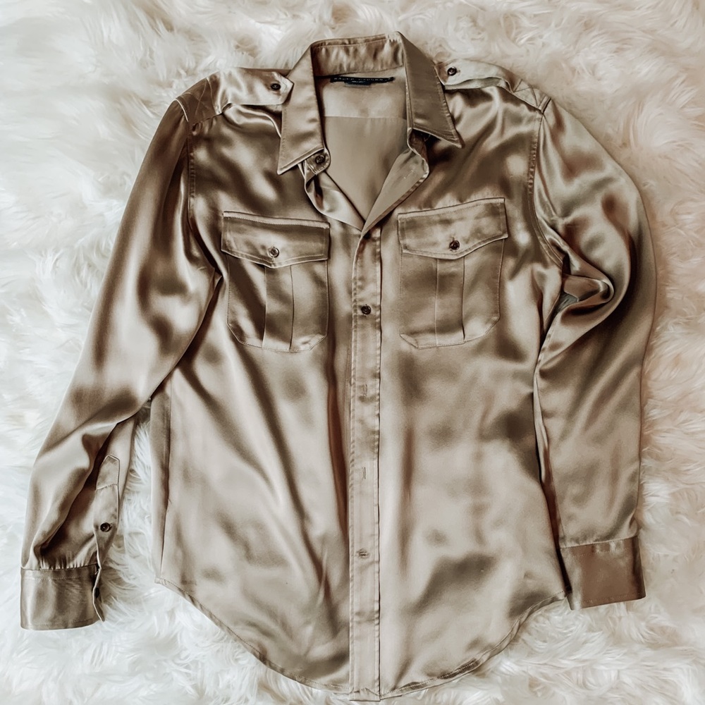 Ralph Lauren silk muted champagne military button up blouse.